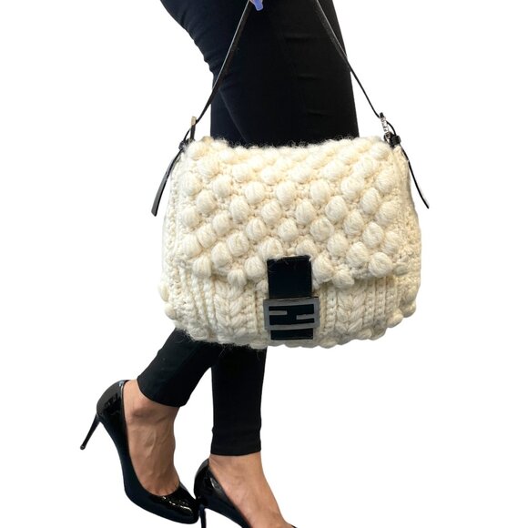 FENDI Vintage FF Logo Knit Mamma Baguette Shoulder Bag Wool Leather [106220] - Picture 3 of 15